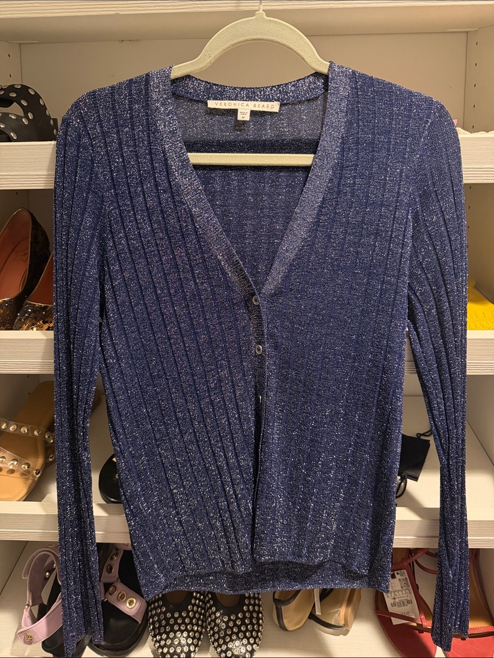 Veronica Beard Metallic Navy Ribbed V-Neck Cardigan